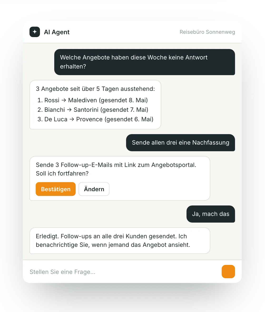 Der KI-Agent in itinovo CRM: ein Gespräch, das unbeantwortete Angebote findet und nach Bestätigung Nachfassungen sendet