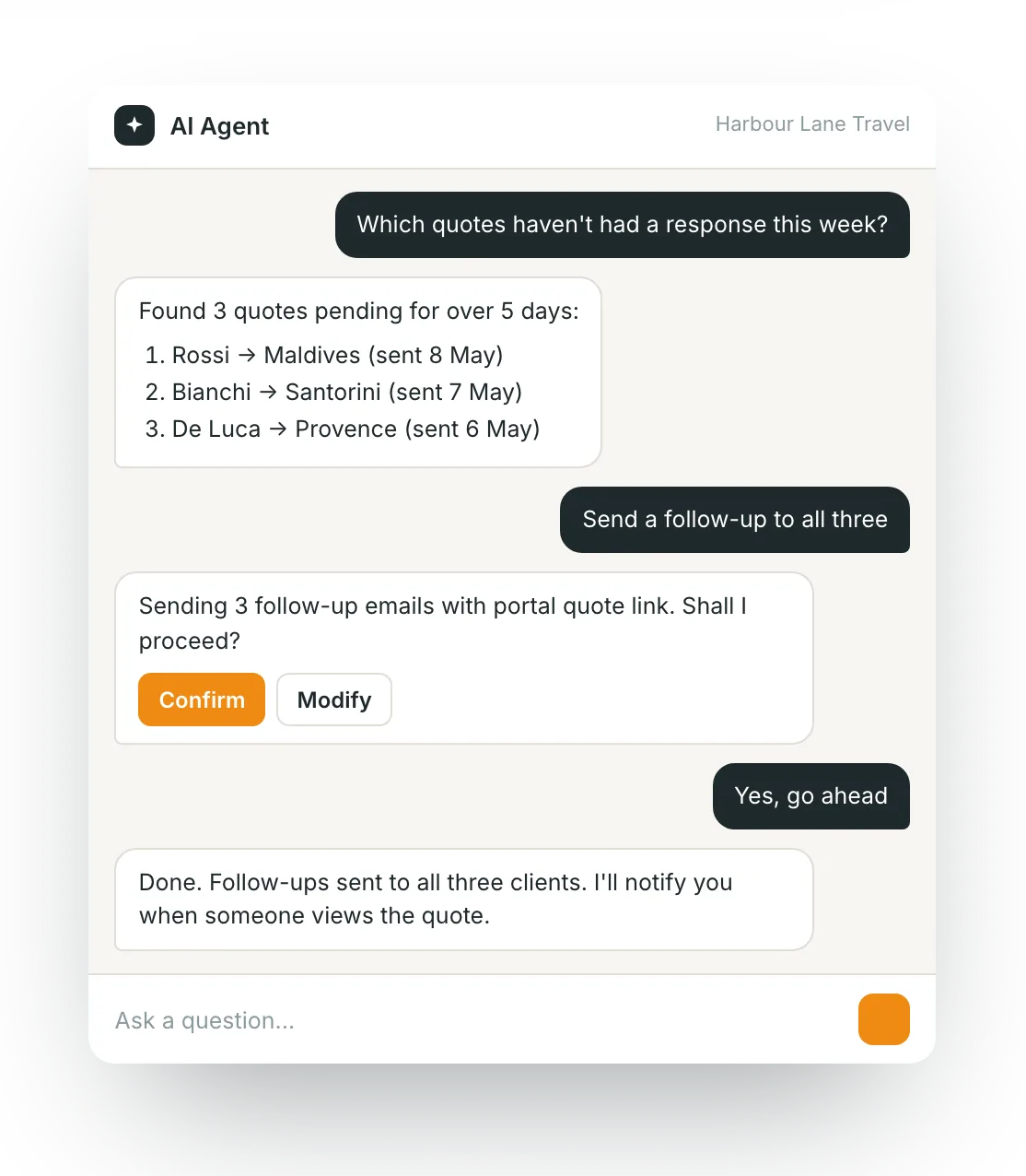 The itinovo CRM AI Agent: a conversation that finds unanswered quotes and sends follow-ups after confirmation