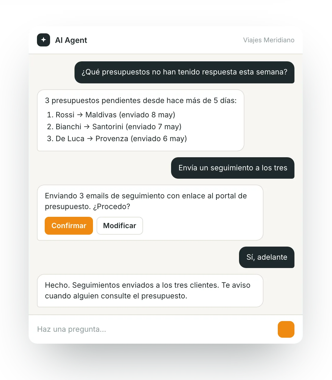 El Agente IA de itinovo CRM: una conversación que encuentra los presupuestos sin respuesta y envía los seguimientos tras confirmar