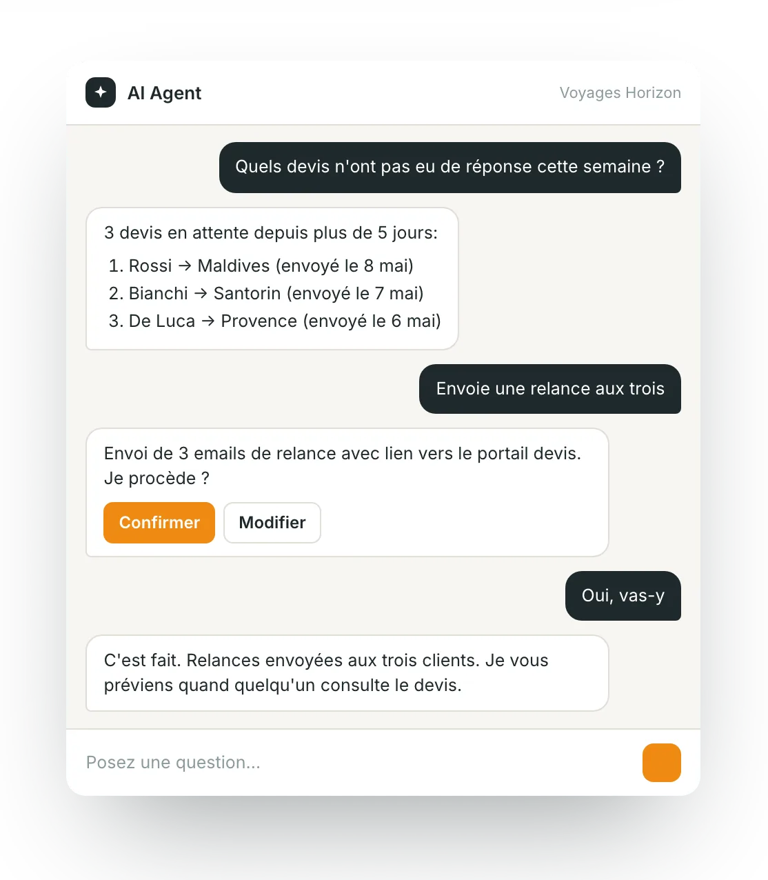 L'Agent IA d'itinovo CRM : une conversation qui retrouve les devis sans réponse et envoie les relances après confirmation