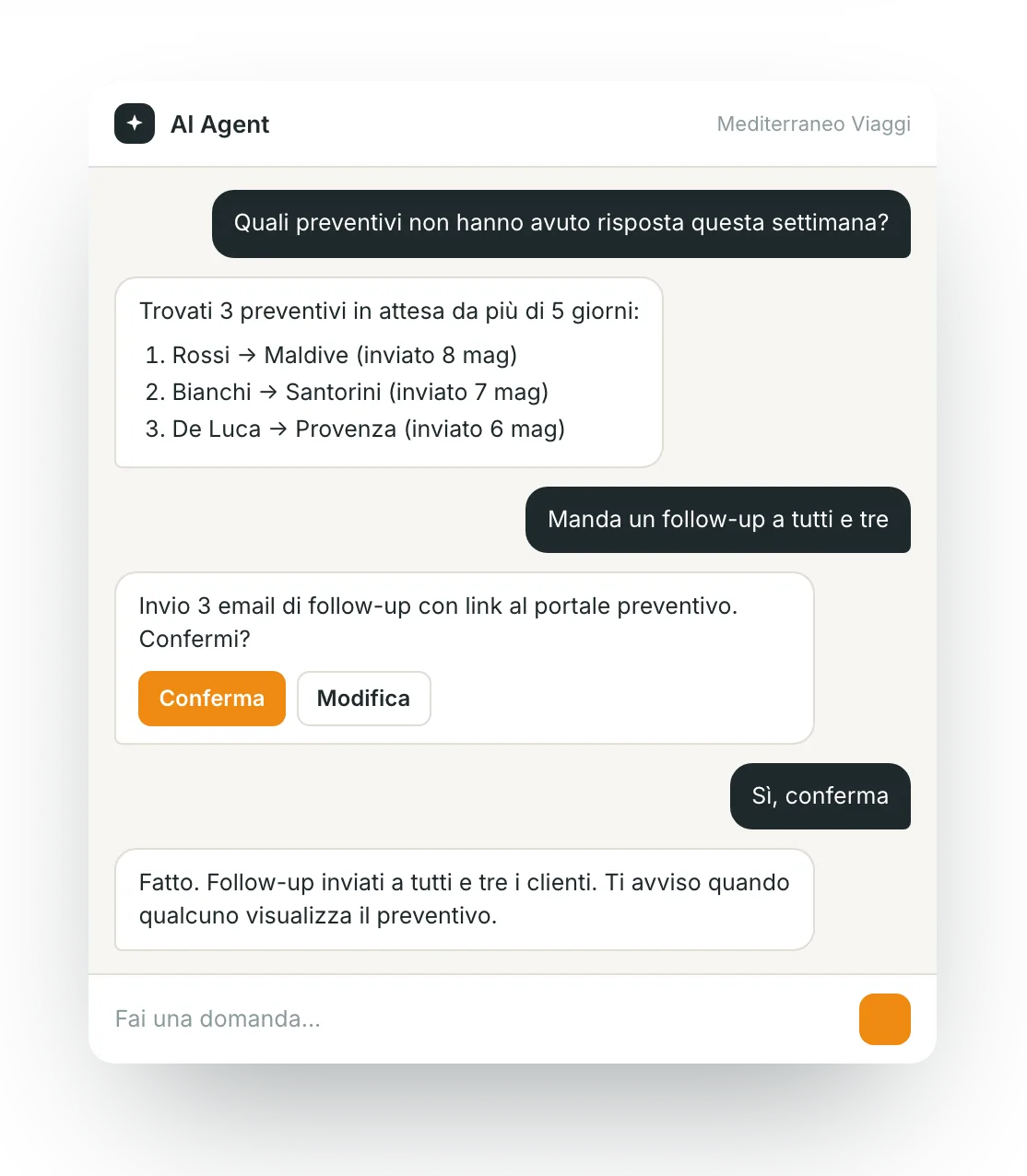 L'AI Agent di itinovo CRM: una conversazione che trova i preventivi senza risposta e invia i follow-up dopo conferma