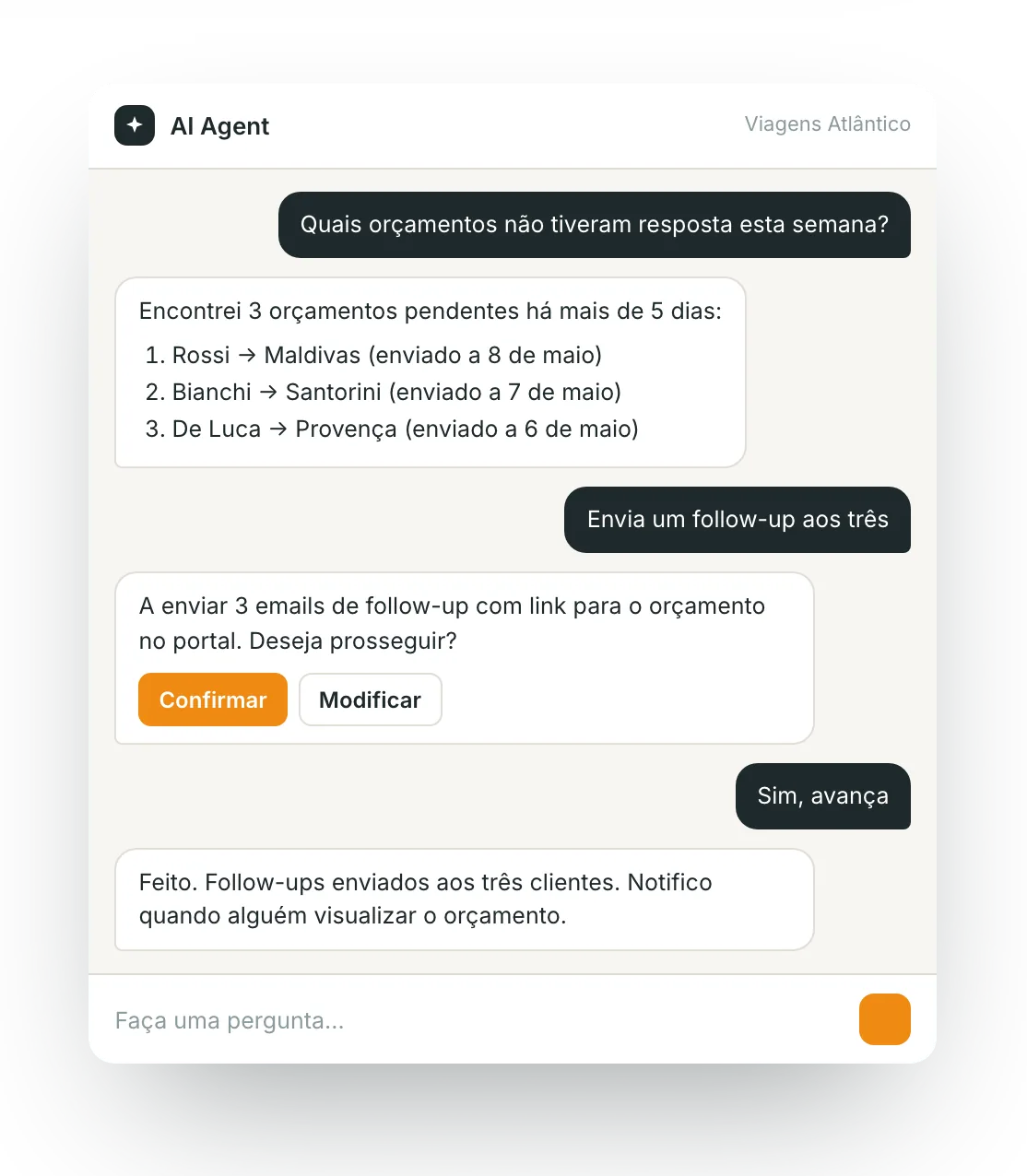 O Agente AI do itinovo CRM: uma conversa que encontra os orçamentos sem resposta e envia os follow-ups após confirmação