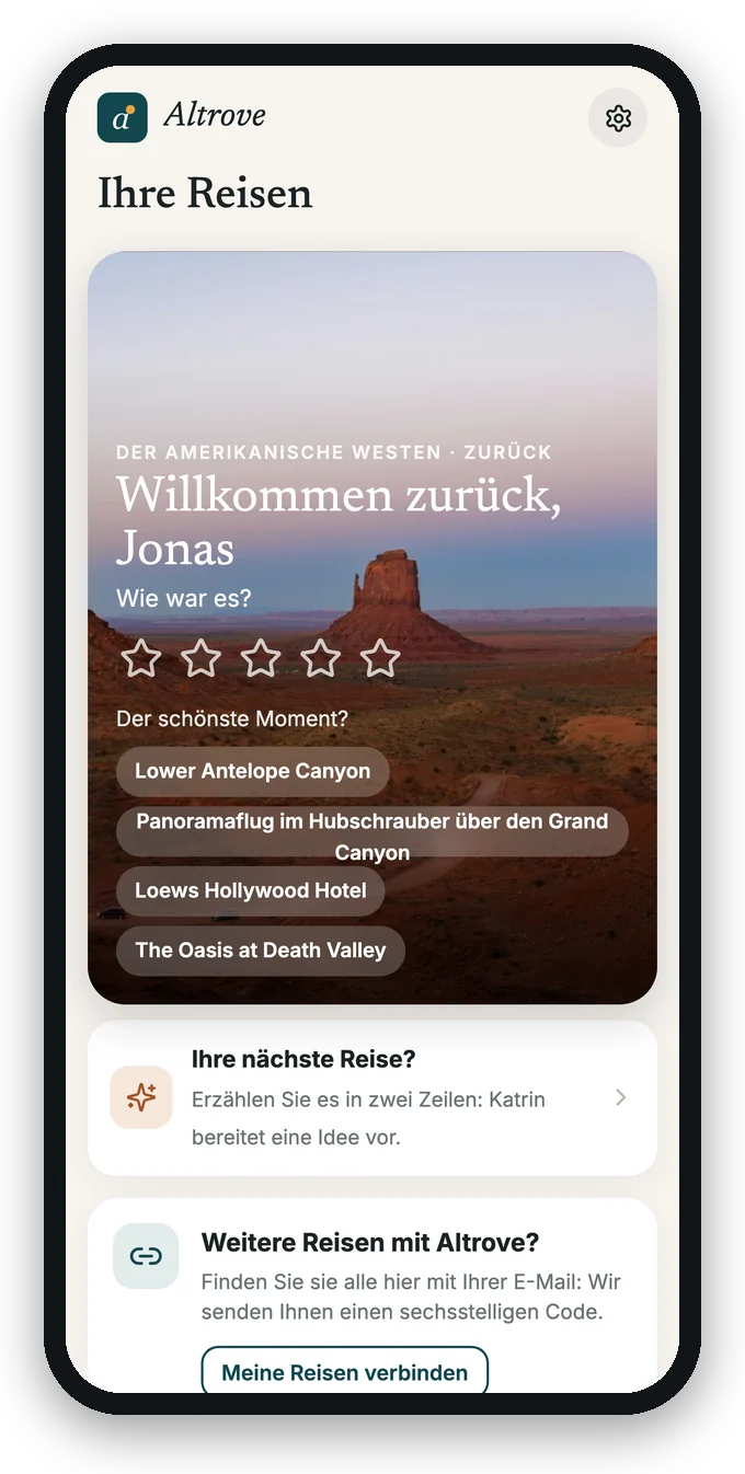 „Willkommen zurück“ nach der Reise, mit „Ihre nächste Reise?“
