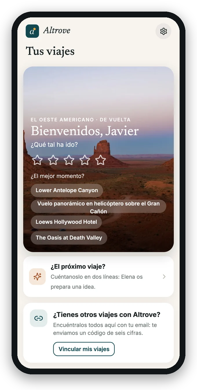 «Bienvenidos» después del viaje, con «¿El próximo viaje?»