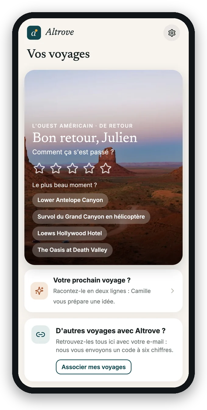« Bon retour » après le voyage, avec « Votre prochain voyage ? »