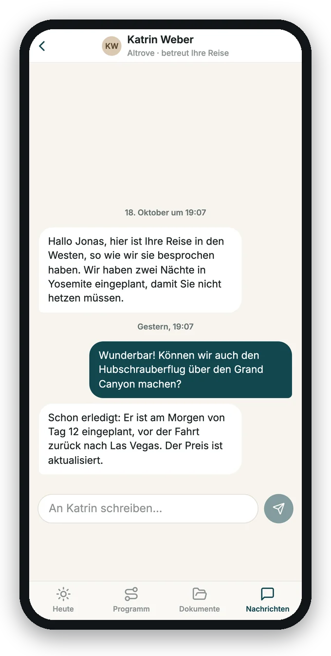 Das Gespräch mit dem Reisebüro in der App