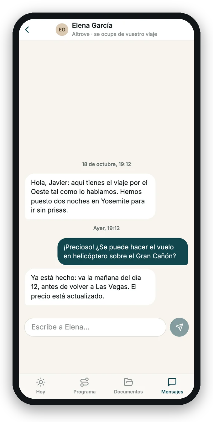 La conversación con la agencia en la app
