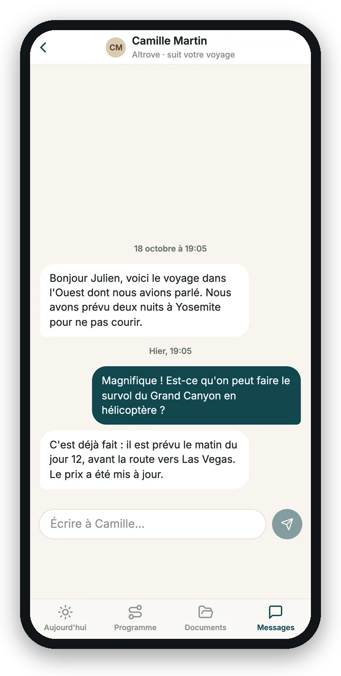 La conversation avec l'agence dans l'appli
