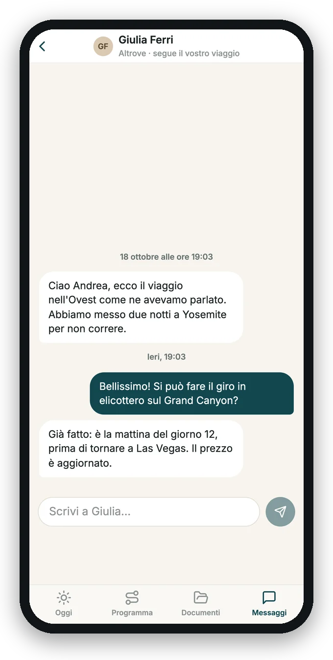 La conversazione con l'agenzia nell'app