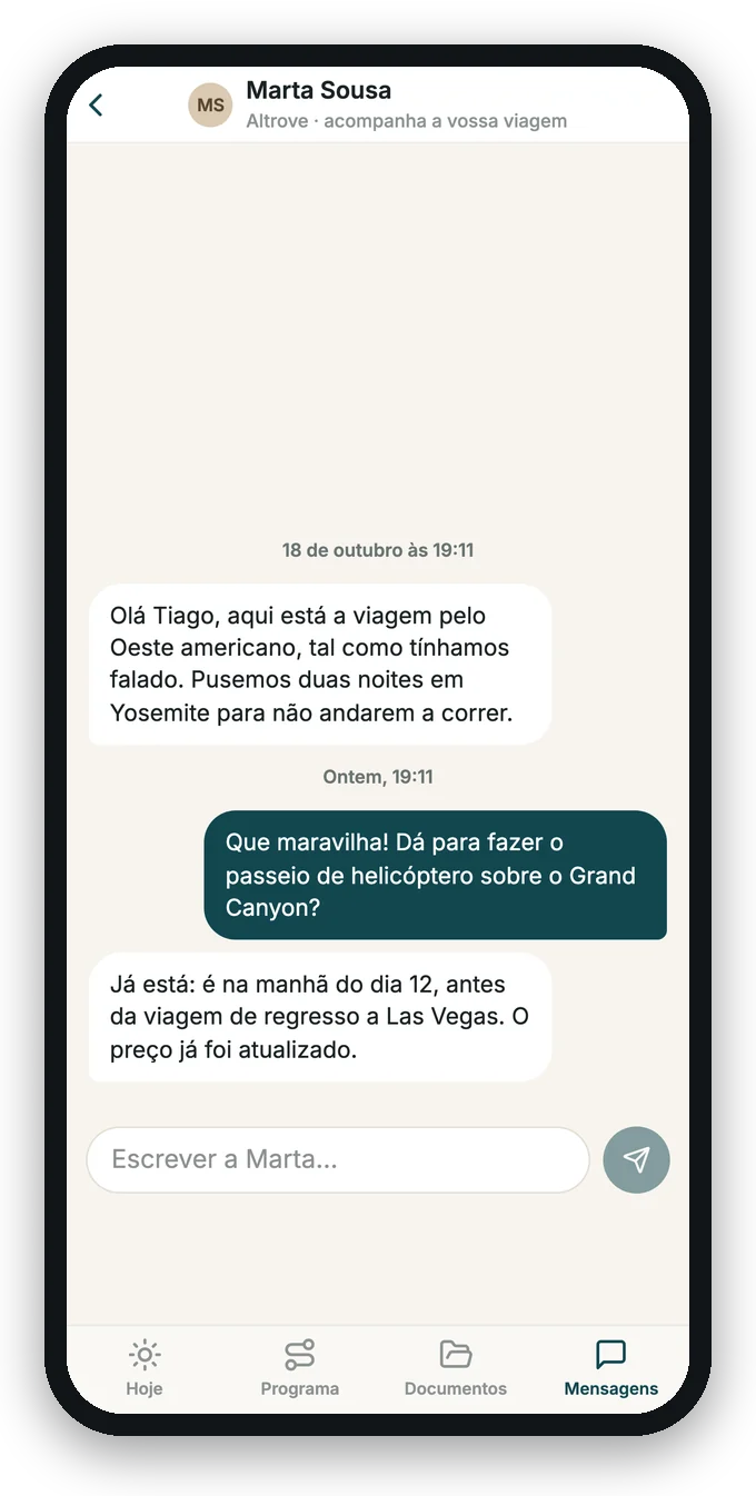 A conversa com a agência na app