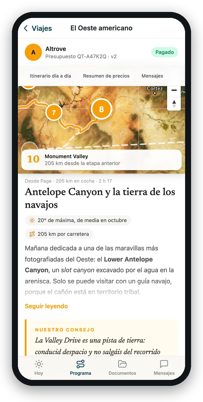 El programa del viaje en el móvil: el mapa de la ruta, el día 10 con su tiempo, la carretera y el consejo de la agencia