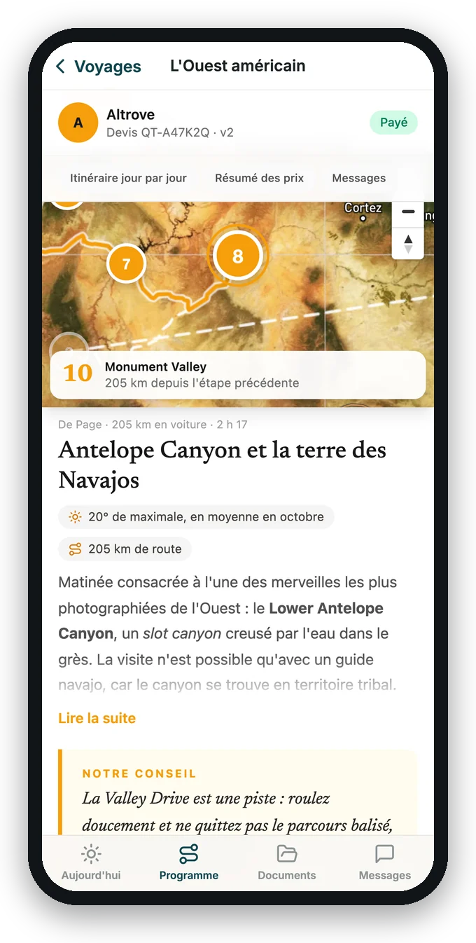 Le programme du voyage sur le téléphone : la carte de l'itinéraire, le jour 10 avec sa météo, la route et le conseil de l'agence