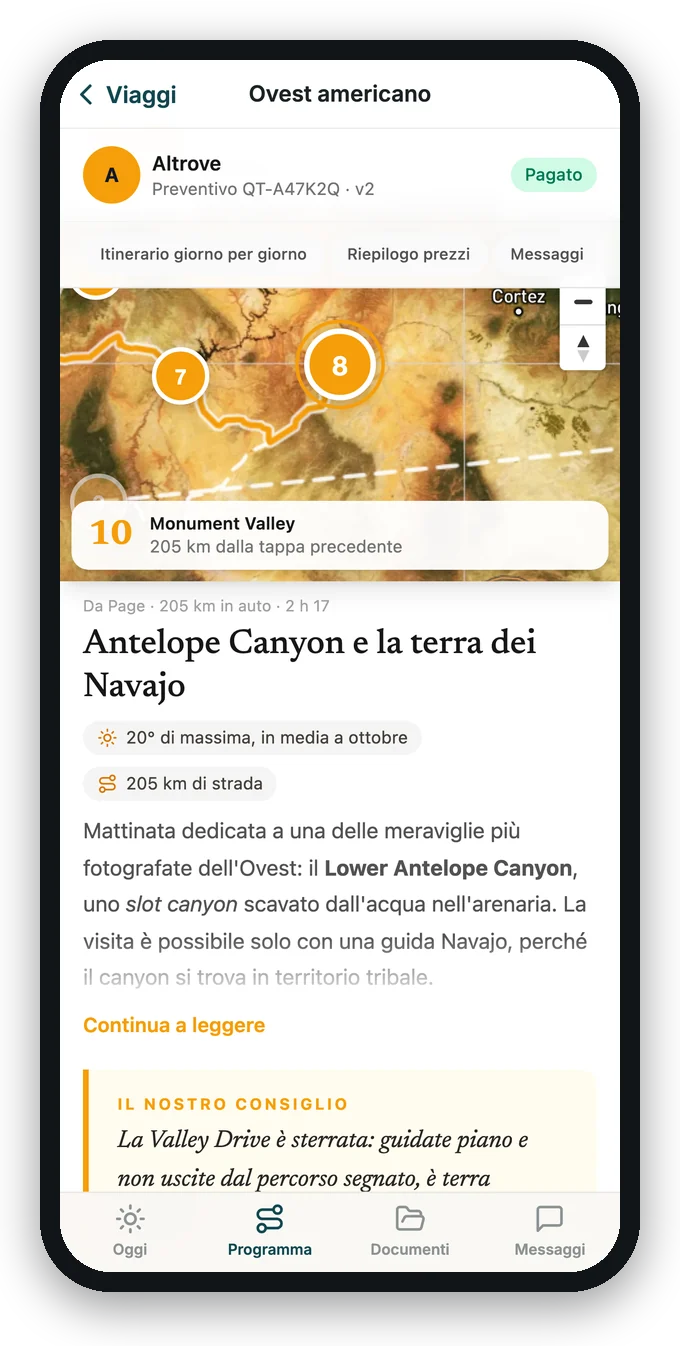 Il programma del viaggio sul telefono: la mappa del percorso, il giorno 10 con il meteo, la strada e il consiglio dell'agenzia