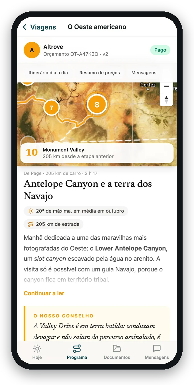 O programa da viagem no telemóvel: o mapa do percurso, o dia 10 com o tempo, a estrada e a dica da agência