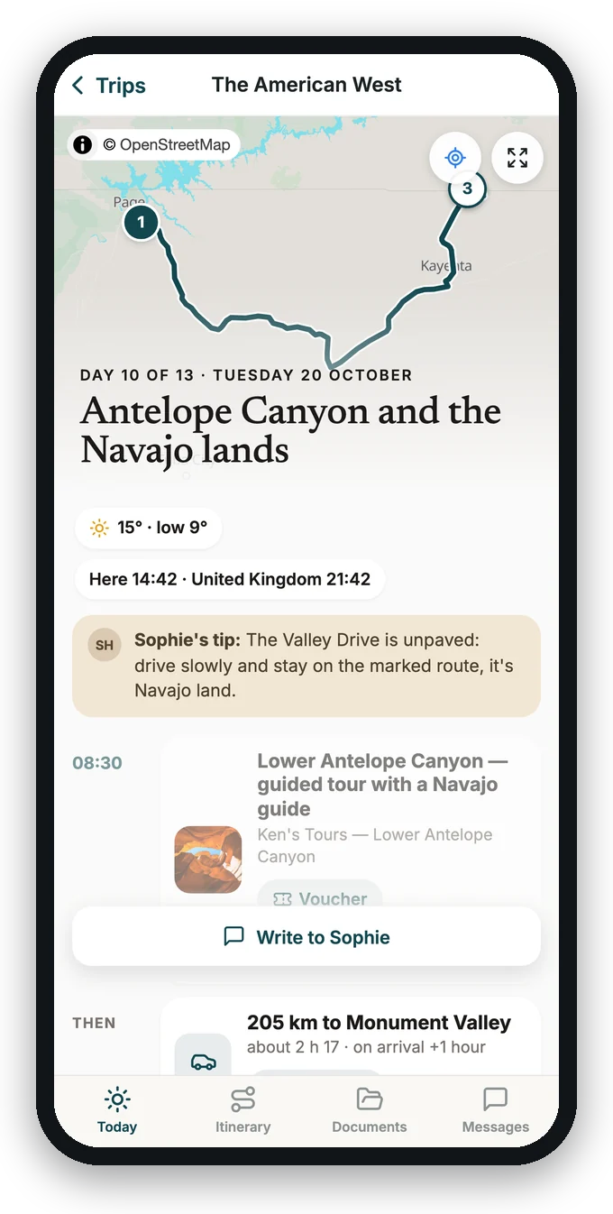 The sample app on «Today»: the day's map and itinerary