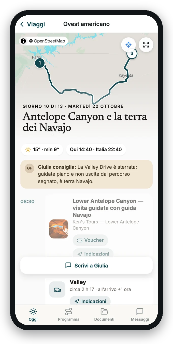 L'app d'esempio su «Oggi»: la mappa della giornata e il programma