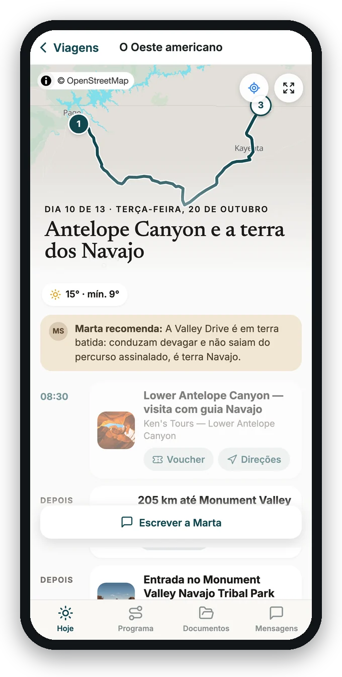 A app de exemplo em «Hoje»: o mapa do dia e o programa