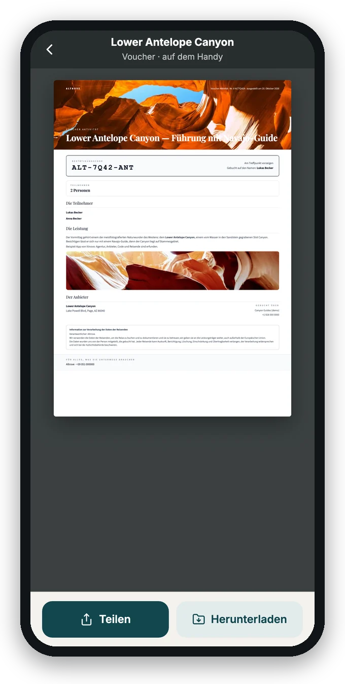 Der Voucher für den Lower Antelope Canyon, aus den Unterlagen der App geöffnet und auf dem Handy gespeichert