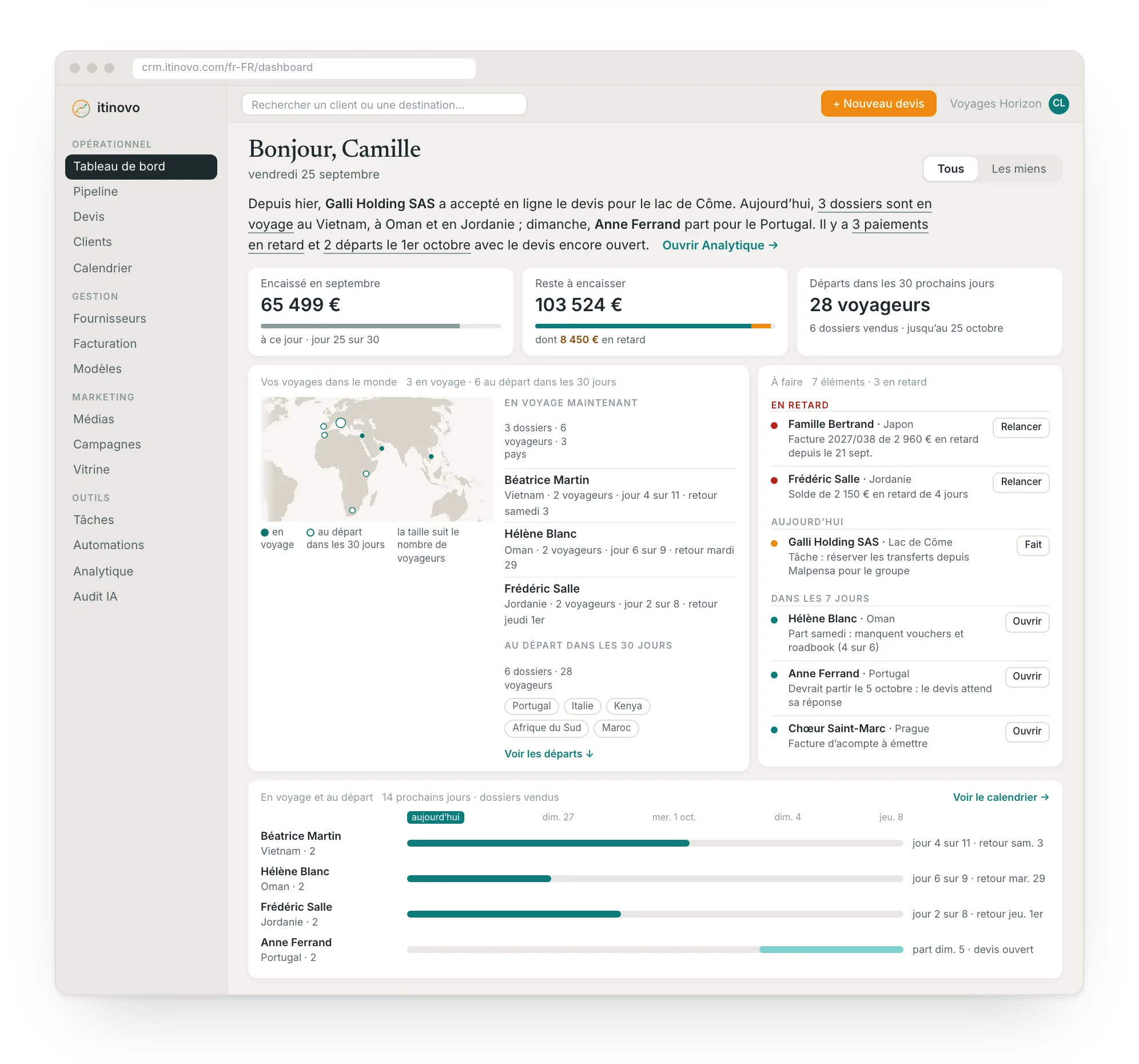 Le tableau de bord d'itinovo CRM : la journée de l'agence avec la carte des voyages, les choses à faire et les départs des 14 prochains jours