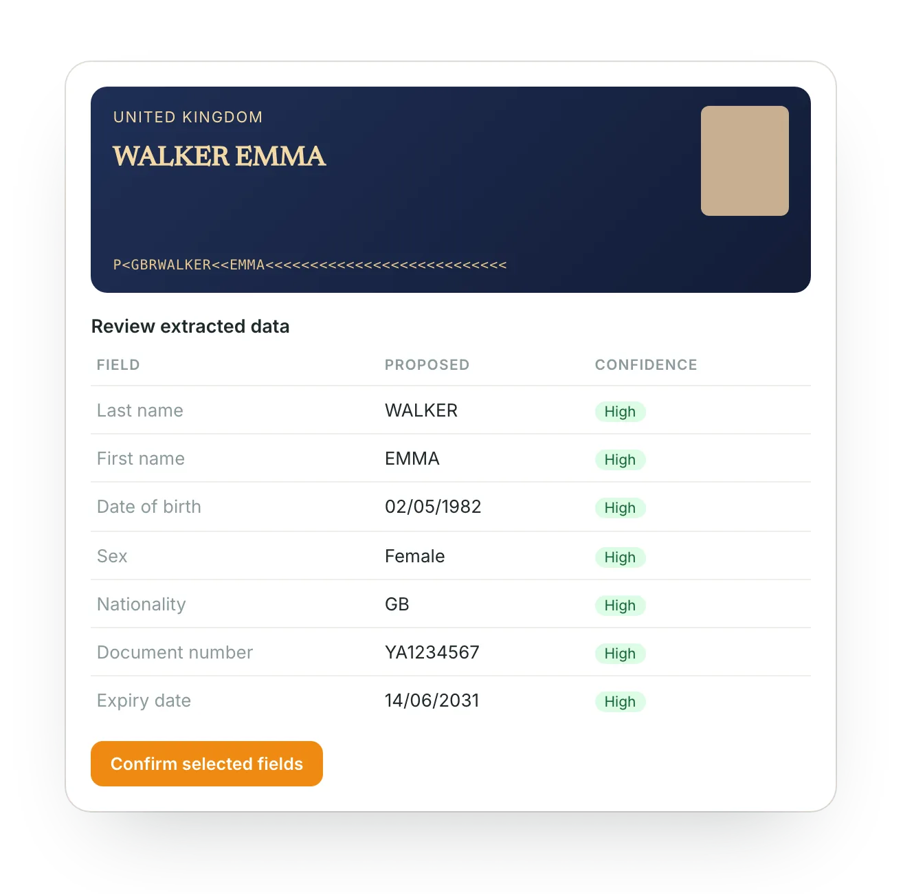 The passport read by the AI: name, birth date, sex, nationality and document with confidence