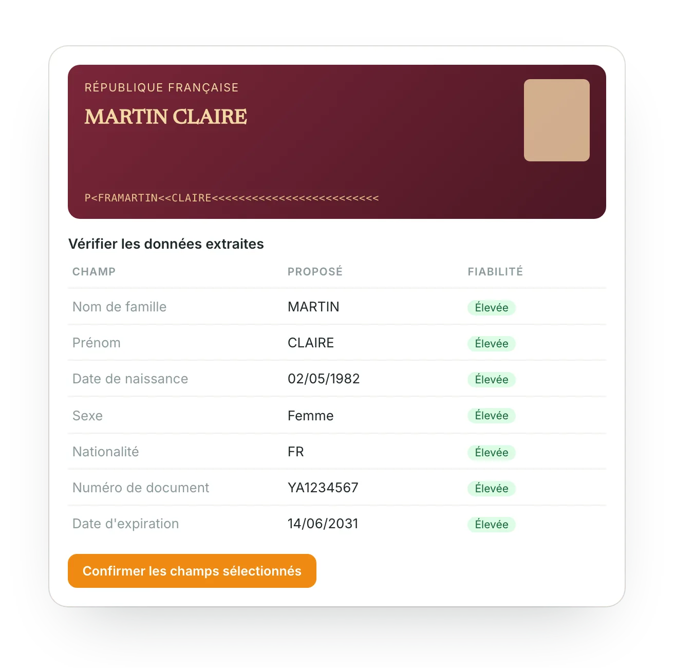 Le passeport lu par l'IA : nom, naissance, sexe, nationalité et document avec la fiabilité