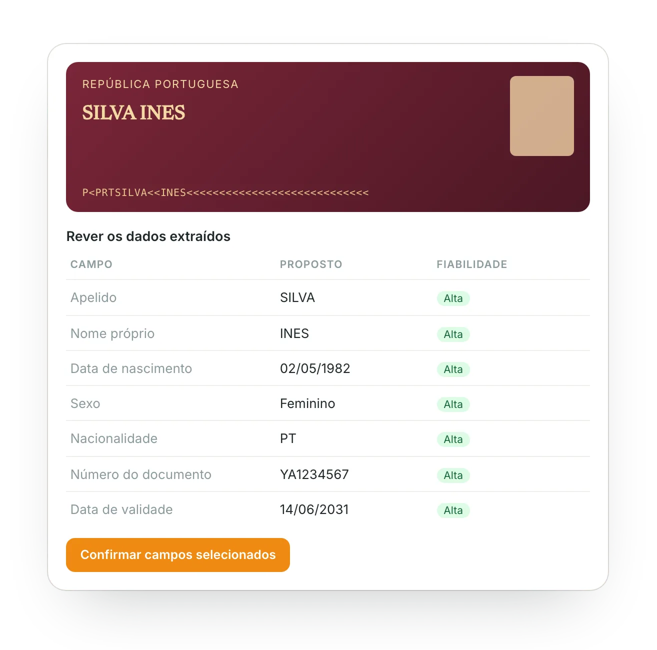 O passaporte lido pela IA: nome, nascimento, sexo, nacionalidade e documento com a fiabilidade
