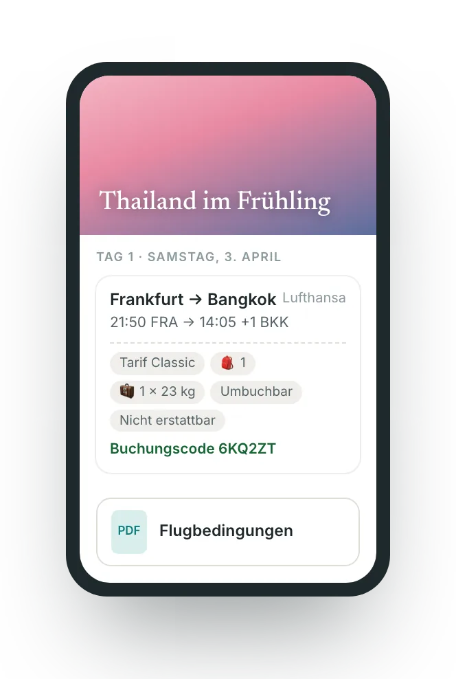 Das Kundenportal auf dem Handy: der Flug mit Tarif, Gepäck, Bedingungen und Buchungscode