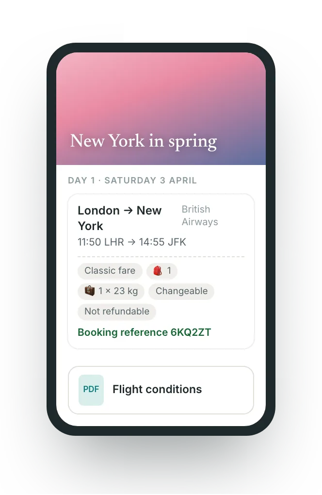 The client portal on a phone: the flight with fare, bags, conditions and booking reference