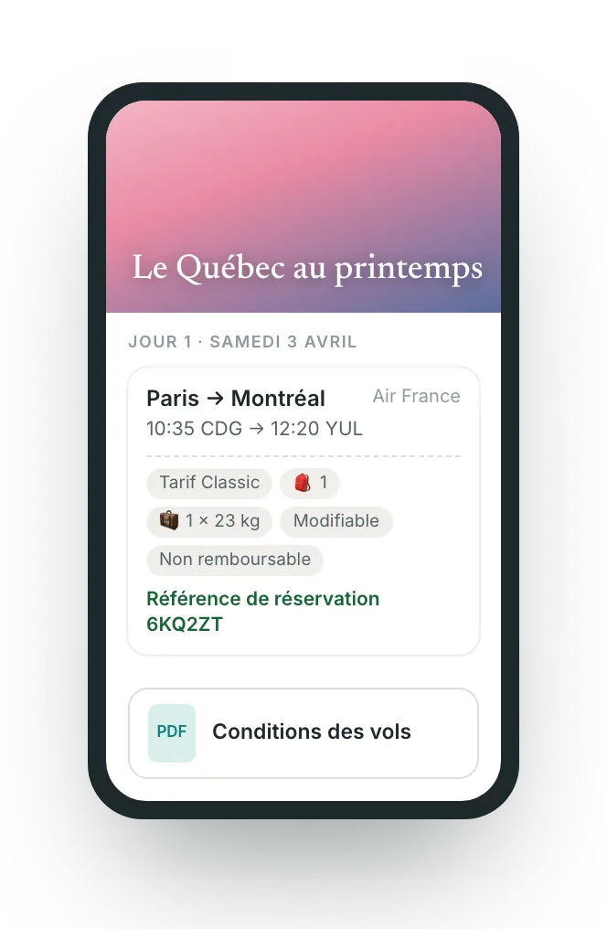 Le portail client sur téléphone : le vol avec tarif, bagages, conditions et référence de réservation