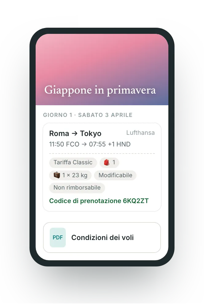 Il portale del cliente sul telefono: il volo con tariffa, bagagli, condizioni e codice di prenotazione