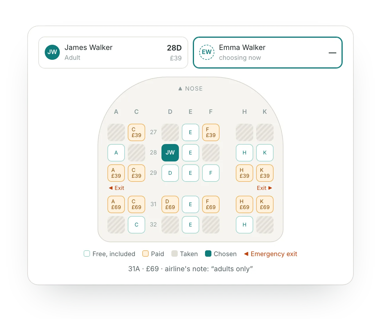 The aircraft seat map with two passengers, paid seats and emergency exits