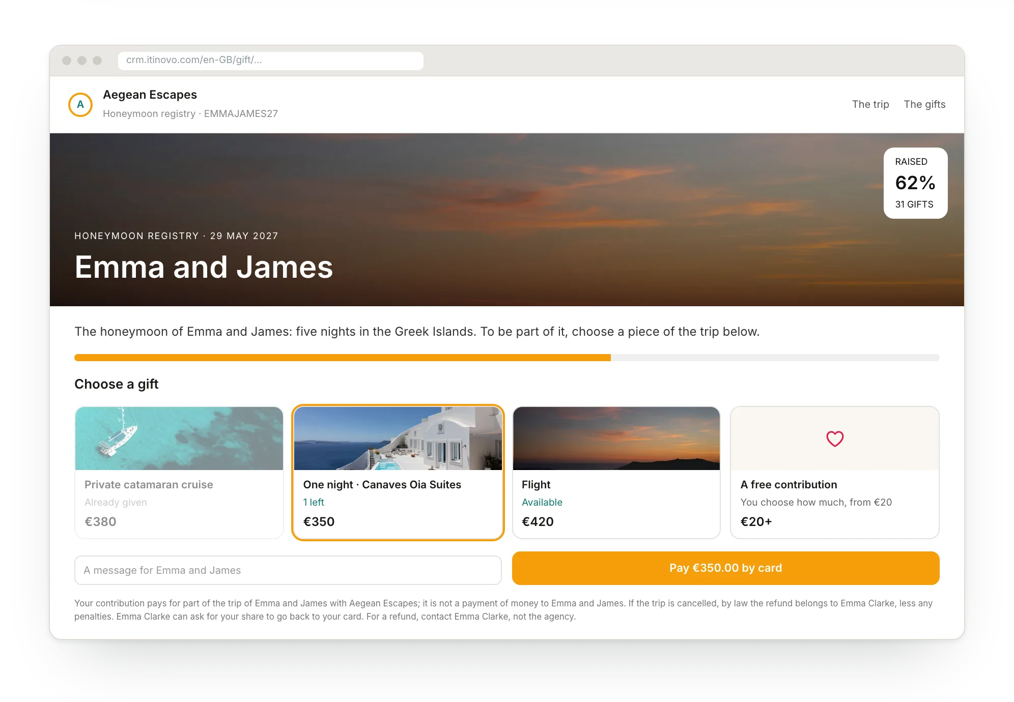 The guests' page of a honeymoon registry: pieces of the trip, a free amount and card payment