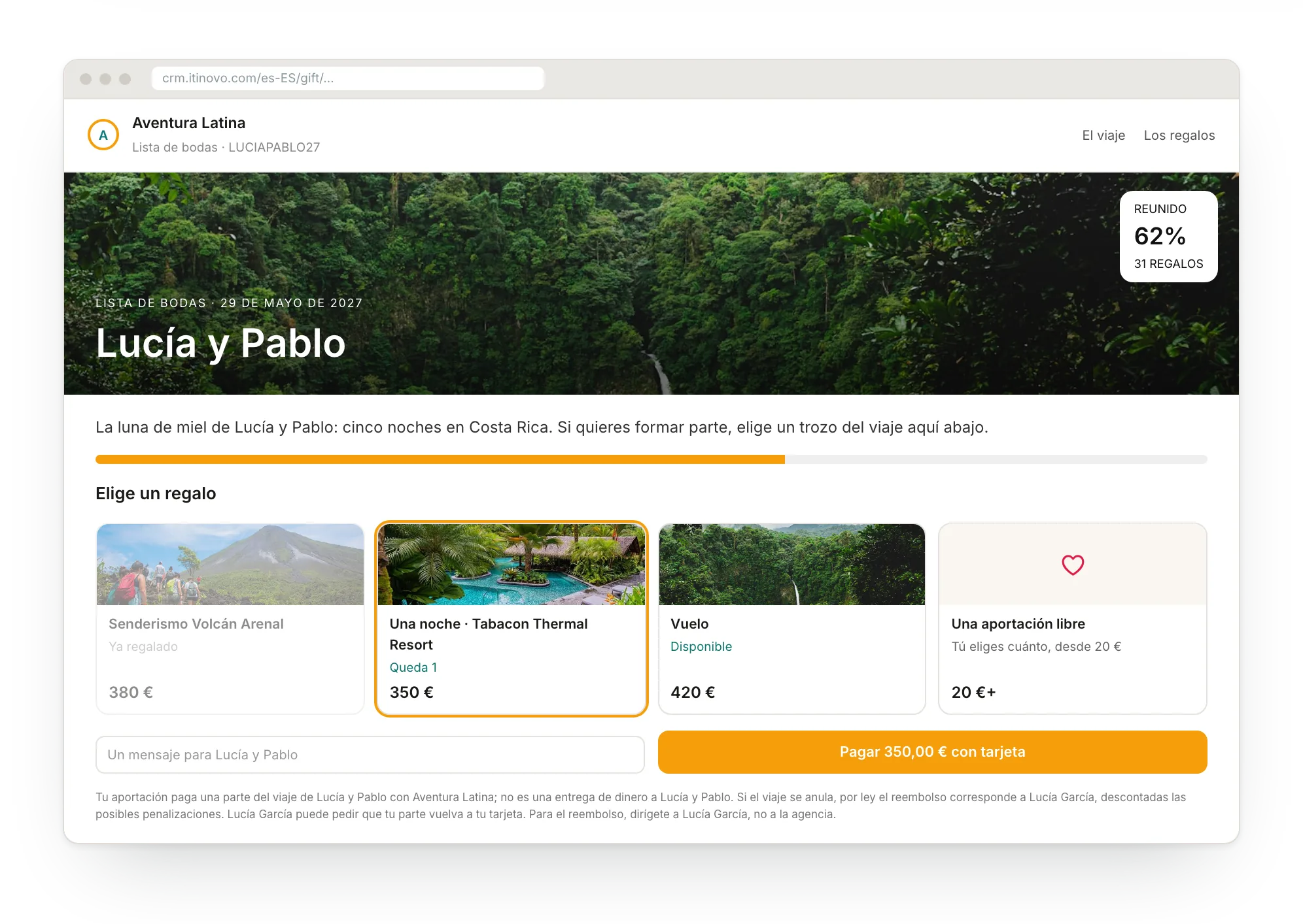 La página de los invitados de una lista de bodas: partes del viaje, importe libre y pago con tarjeta