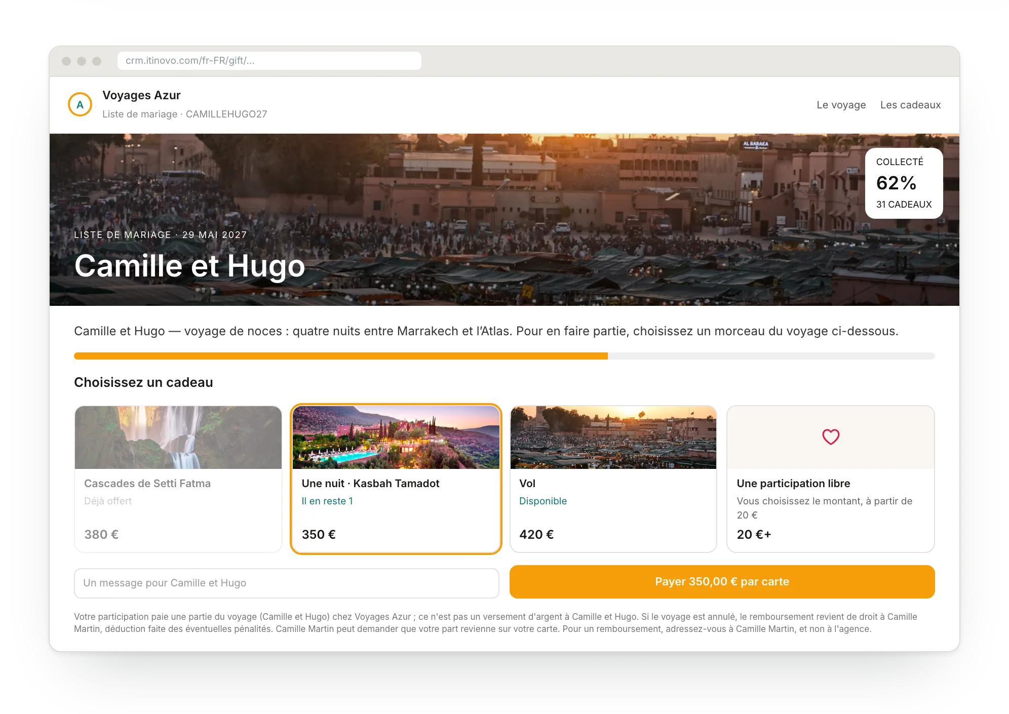 La page des invités d’une liste de mariage : parties du voyage, montant libre et paiement par carte