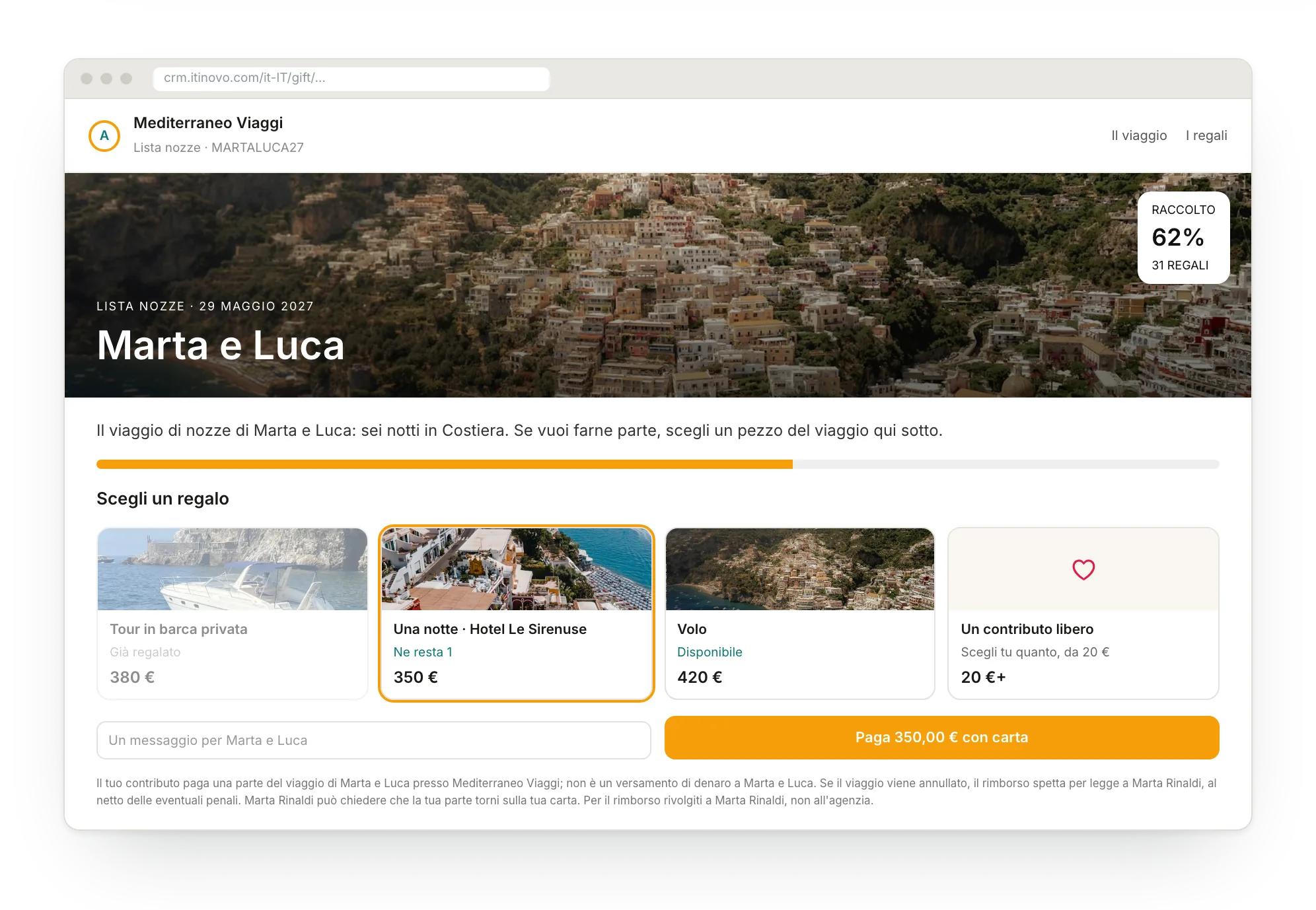 La pagina degli invitati di una lista nozze: quote del viaggio, importo libero e pagamento con carta
