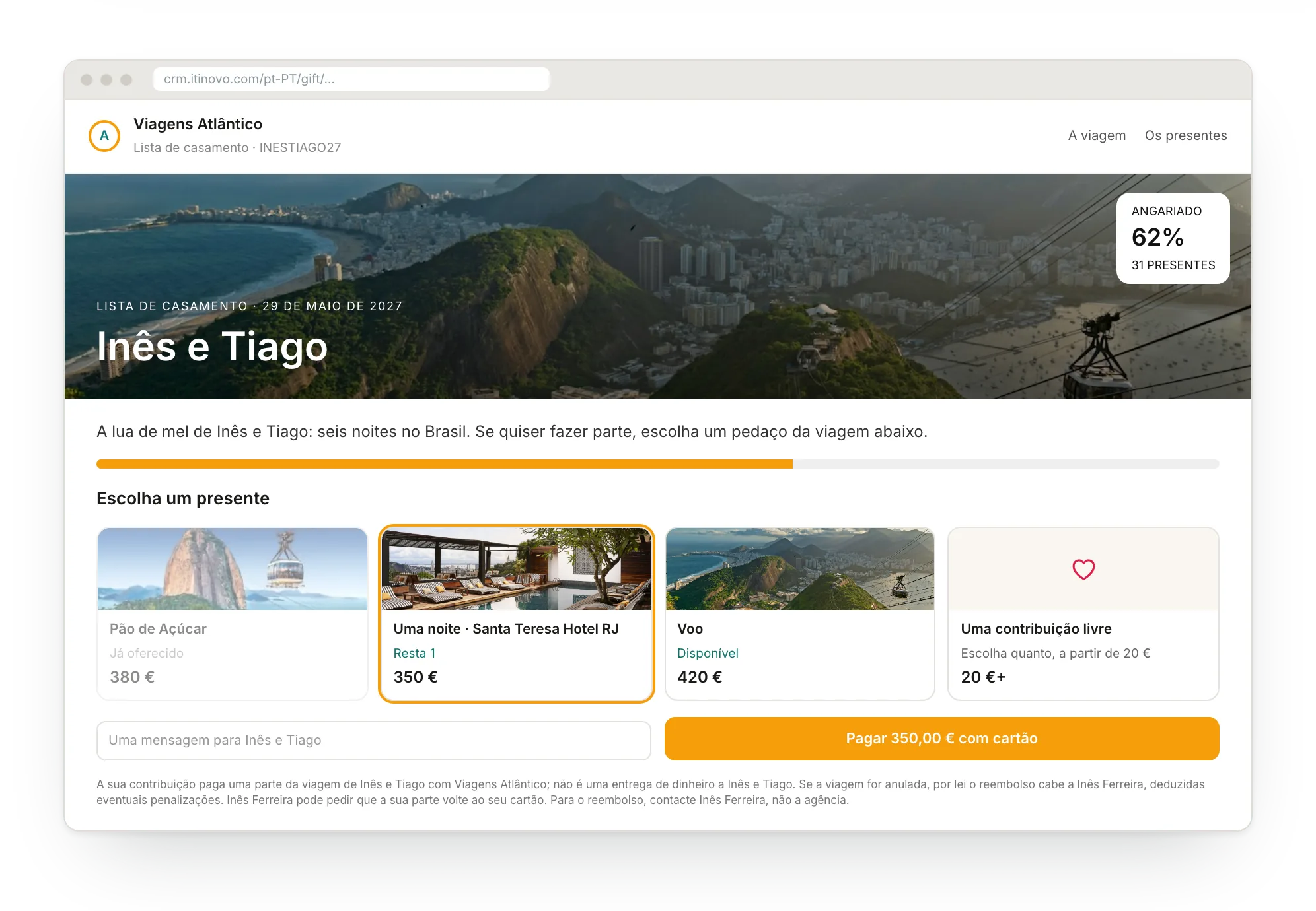 A página dos convidados de uma lista de casamento: partes da viagem, montante livre e pagamento com cartão