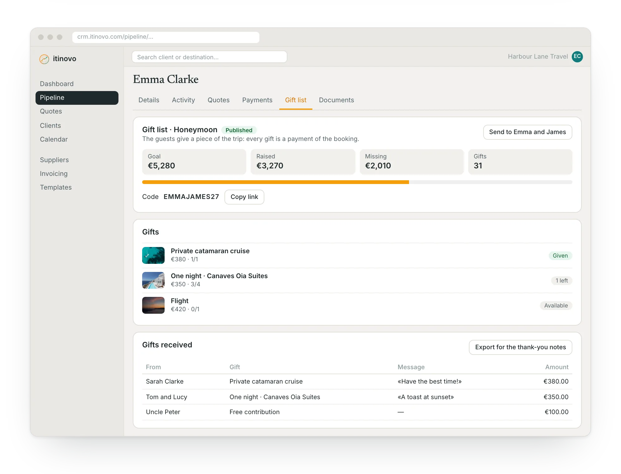 The Gift list tab of the booking: goal, raised, gifts and gifts received