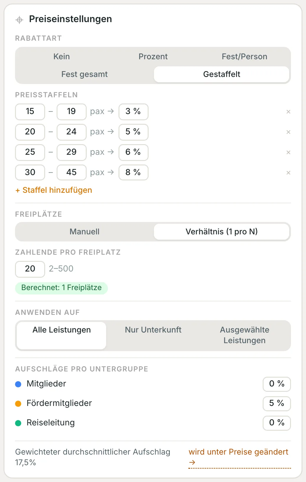 Einstellungen des Gruppenpreises: Staffeln, Freiplätze, Geltungsbereich und Aufschläge je Untergruppe