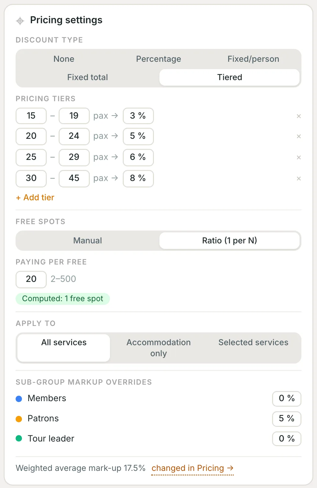 Group price settings: bands, free places, what they apply to and mark-ups per sub-group