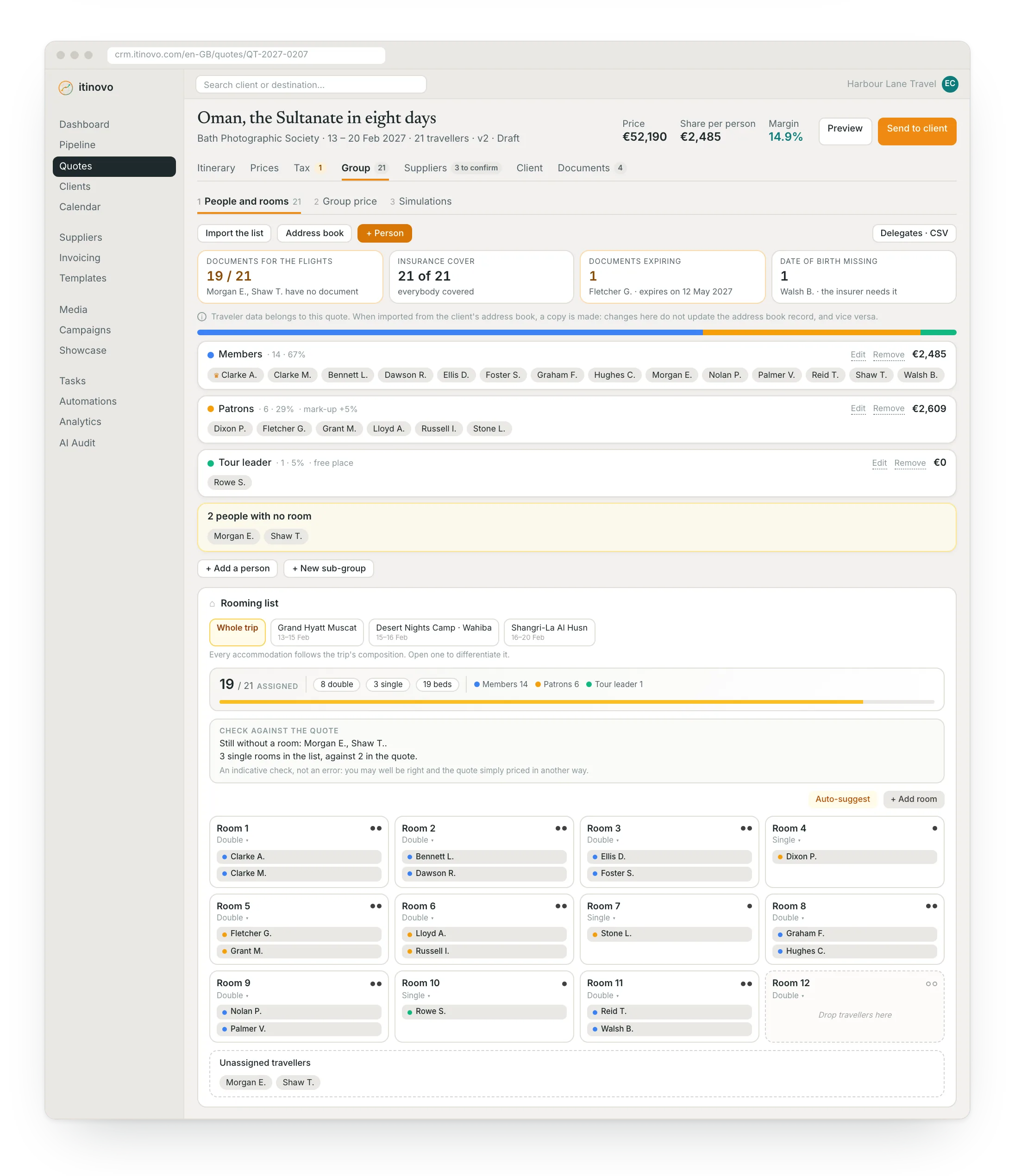 Group tab of a quote: sub-groups, document readiness and room assignments