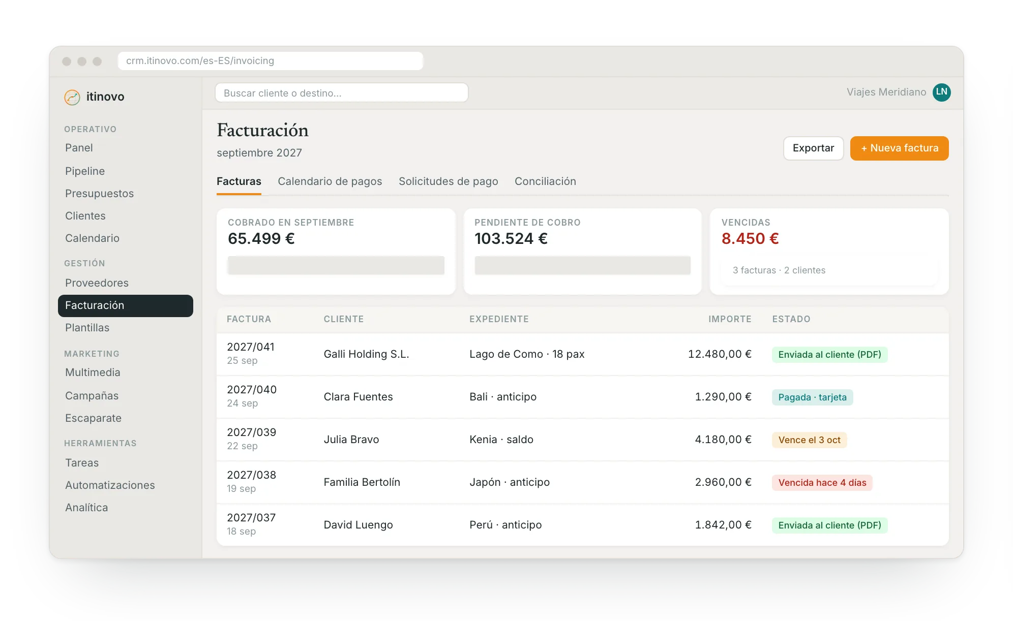 La Facturación de itinovo CRM: cobrado, pendiente de cobro, vencido y la lista de facturas con su estado