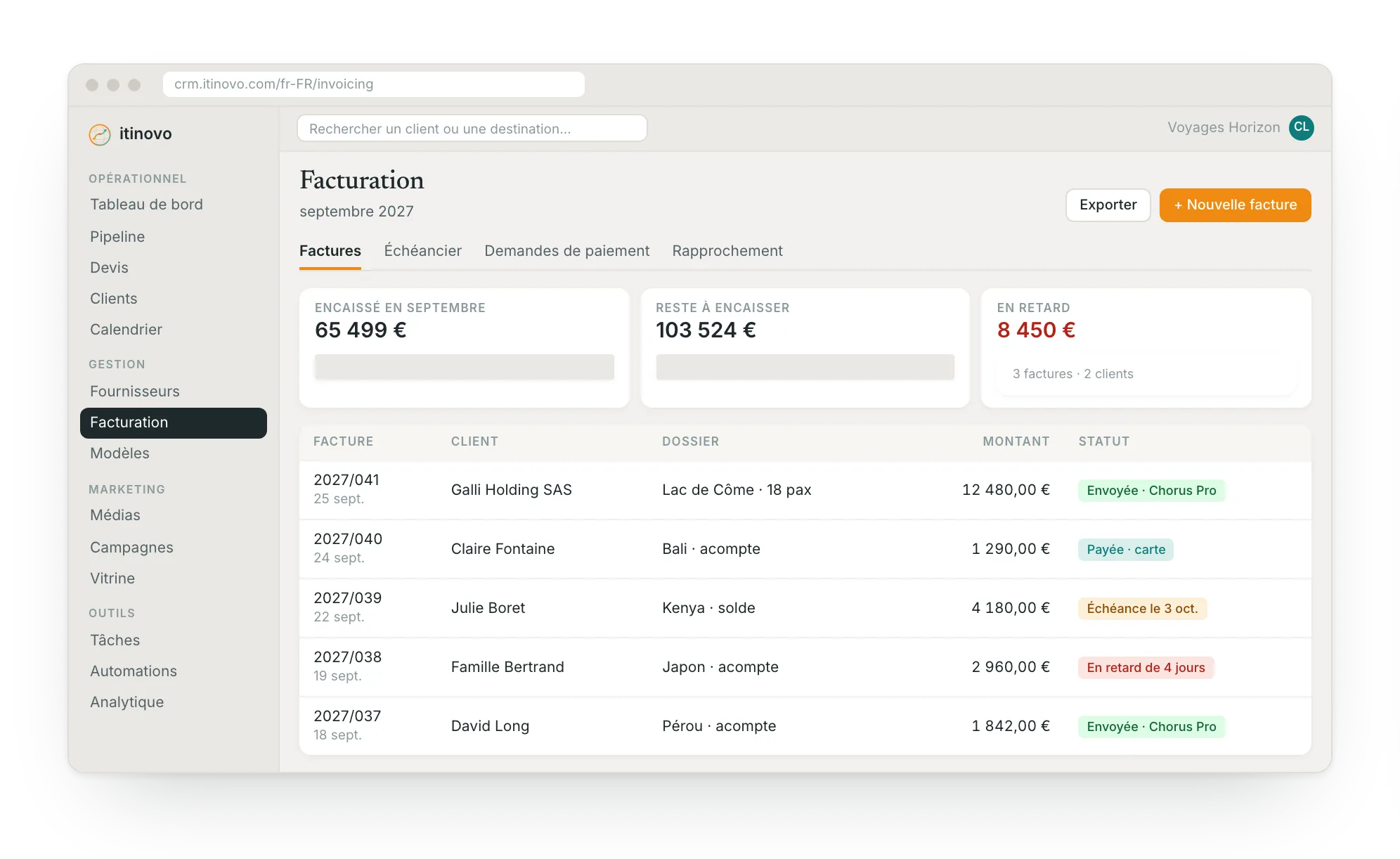 La Facturation d'itinovo CRM : encaissé, reste à encaisser, en retard et la liste des factures avec leur statut