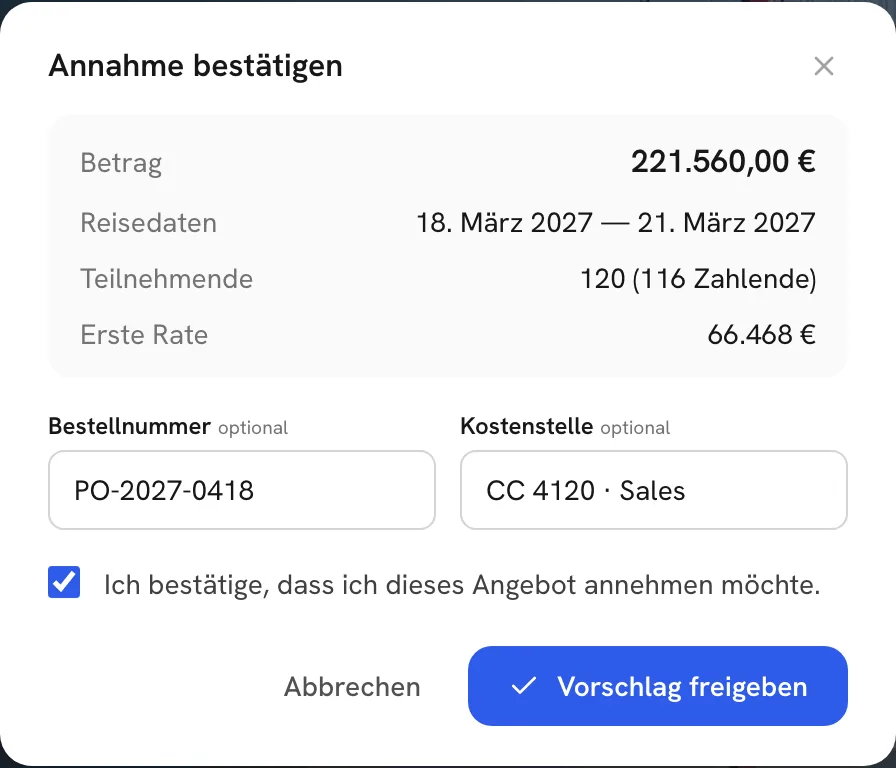 Das Freigabefenster mit Bestellnummer und Kostenstelle