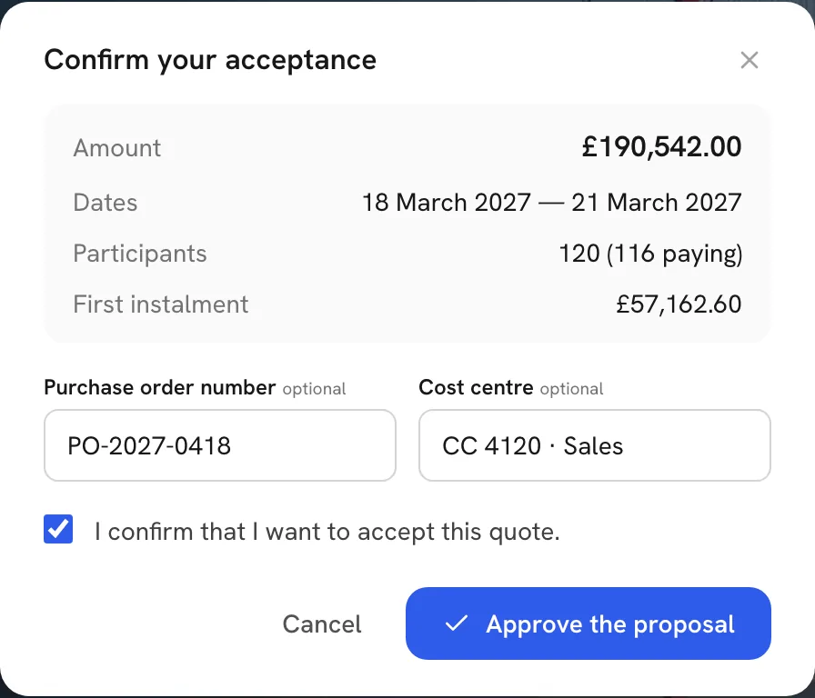 The approval window with order number and cost centre