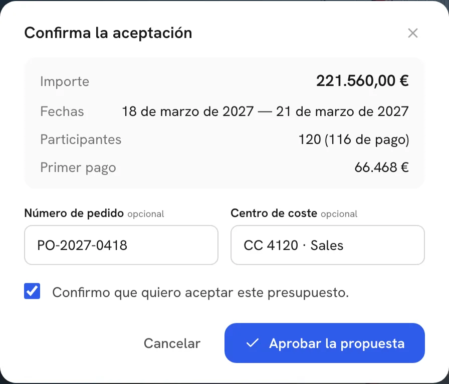 La ventana de aprobación con número de pedido y centro de coste
