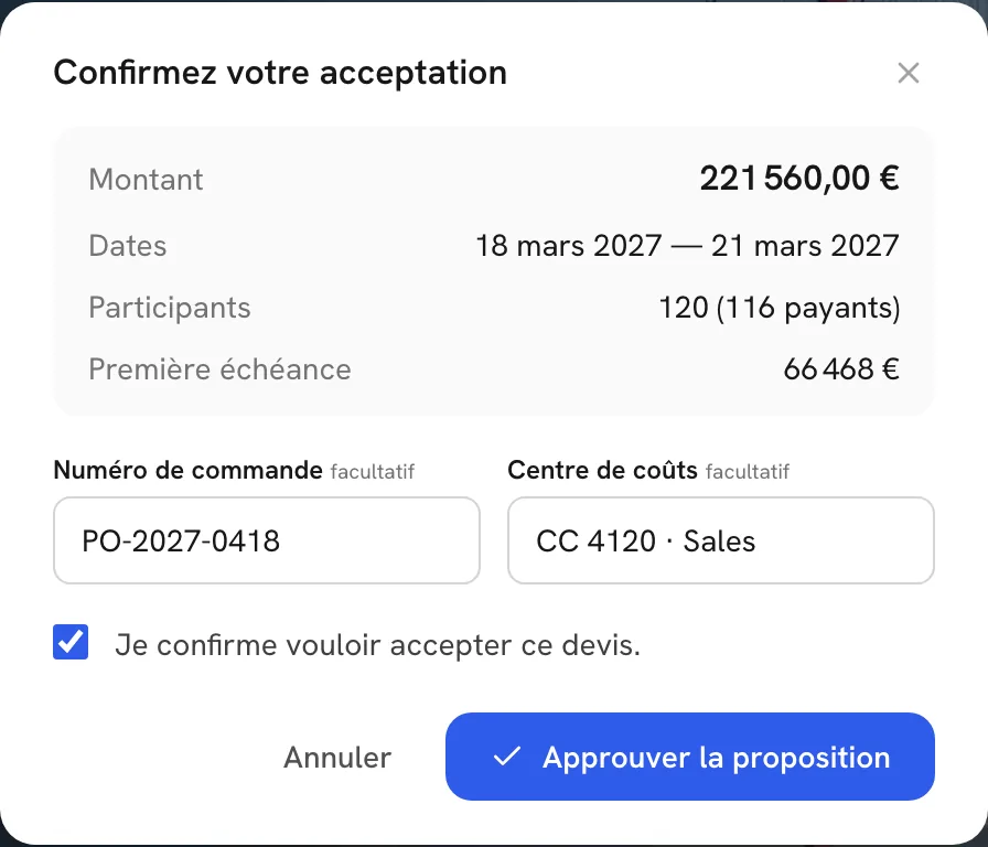 La fenêtre de validation avec numéro de bon de commande et centre de coûts