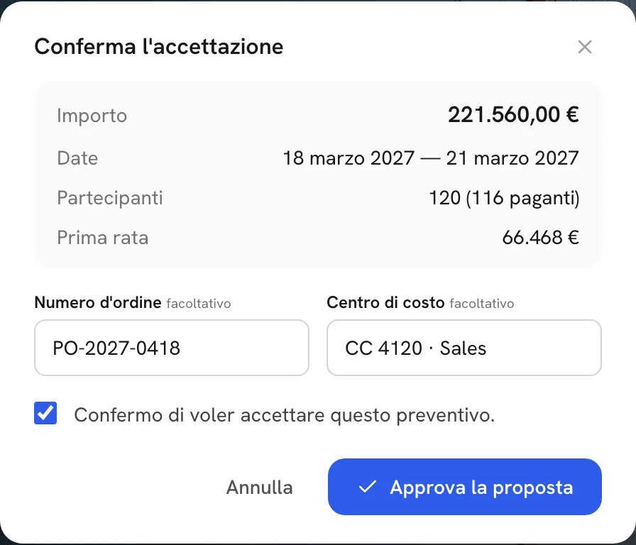 La finestra di approvazione con numero d'ordine e centro di costo