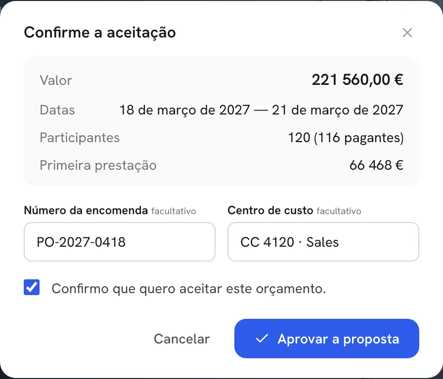 A janela de aprovação com número da encomenda e centro de custo