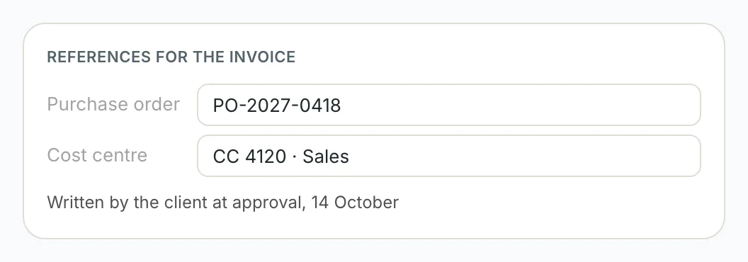 The Client tab with order number and cost centre