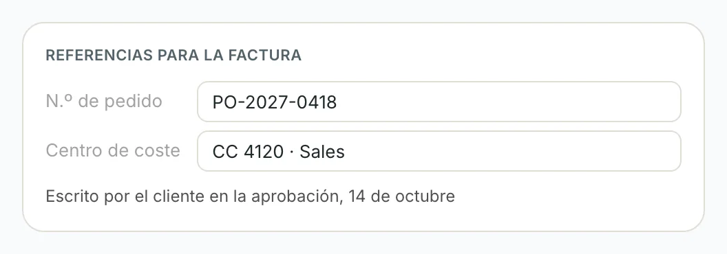 La pestaña Cliente con número de pedido y centro de coste
